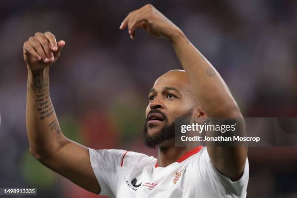 Marcao of Sevilla reacts following the penalty shoot out victory in the UEFA Europa League 2022/23 final match between Sevilla FC and AS Roma at...