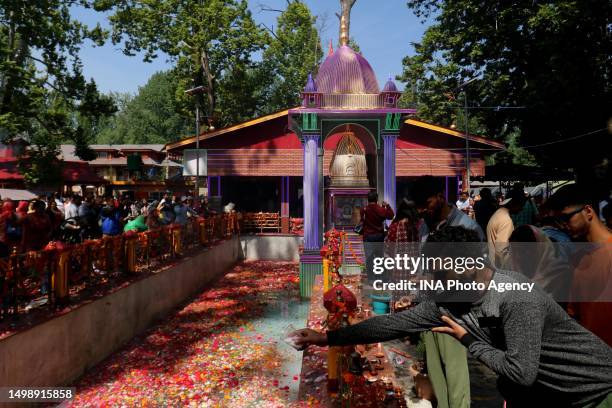 Kashmiri Pandit devotee pours milk as an offering during prayers within a religious festival at Kheer Bhawani temple at Tullamulla Ganderbal, some 28...