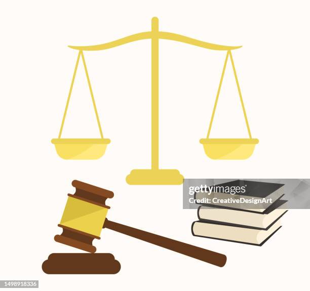 justice concept with wooden gavel, law books and golden scale - purity stock illustrations