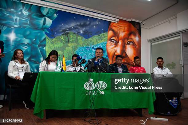 Julio Cesar Lopez, General Coordinator of the National Organization of Indigenous Peoples of the Colombian Amazon speaks during a press conference in...