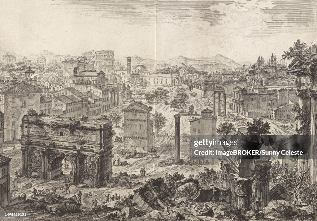 Ancient Rome, view of Campo Vaccino, c. 1750. In the centre of the picture you can see the elm line that connected the Arch of Septimius Severus with the Arch of Titus in the background. In the background, on the left, the Colosseum can be seen, 1776
