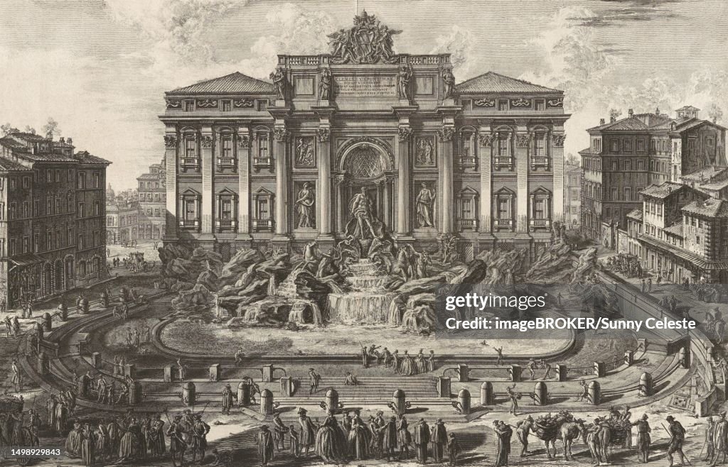 Ancient Rome, perspective view of the great fountain of the Virgin Mary, known as the Trevi Fountain, architecture by Nicola Salvi, 1770, Italy, Historical, digitally restored reproduction from an original of the period