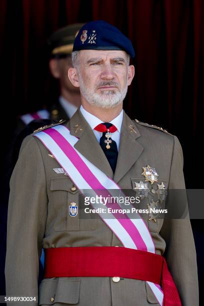 King Felipe VI on his arrival to the act of solemn oath or promise before the Flag of civilian personnel at the 'El Rey' Barracks of the Royal Guard,...