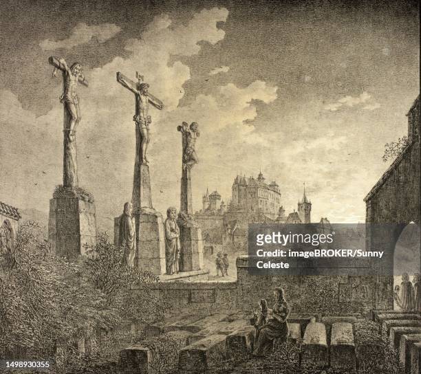 st. john's cemetery with crucifixion group and view to the castle, 1819, nuremberg, bavaria, germany, historical, digitally restored reproduction from a 19th century original - castelo 幅插畫檔、美工圖案、卡通及圖標
