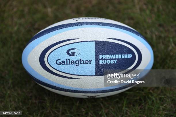 Gallagher Premiership rugby ball during the squad photocall for the 2023-2024 Gallagher Premiership Rugby season at Surrey Sports Park on June 15,...