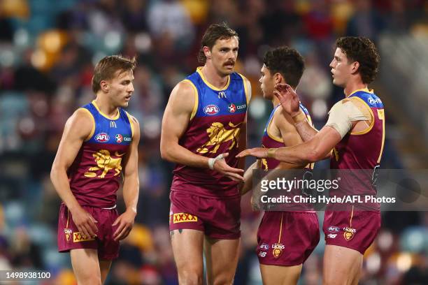 Joe Daniher of the Lions celebrates a goal during the round 14 AFL match between Brisbane Lions and Sydney Swans at The Gabba, on June 16 in...
