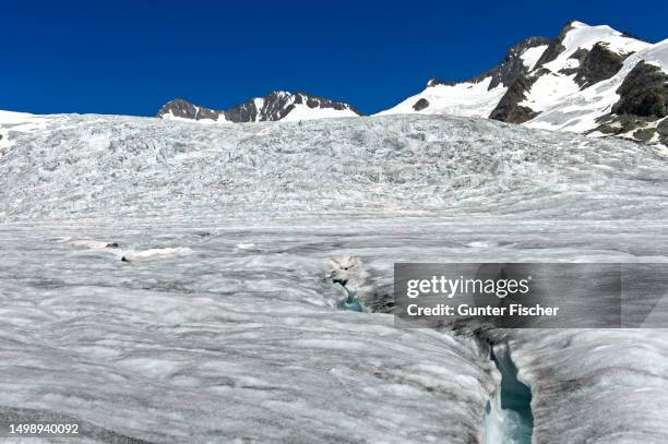 glacier with a crevasse on konkordiaplatz ice field, jungfrau-aletsch-bietschhorn unesco world heritage site, grindelwald, bernese oberland, switzerland - aletsch glacier stock pictures, royalty-free photos & images