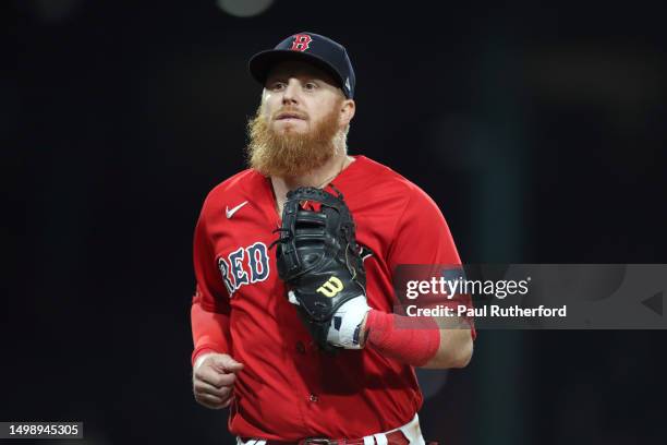 Justin Turner of the Boston Red Sox reacts during the eighth inning against the Colorado Rockies at Fenway Park on June 14, 2023 in Boston,...