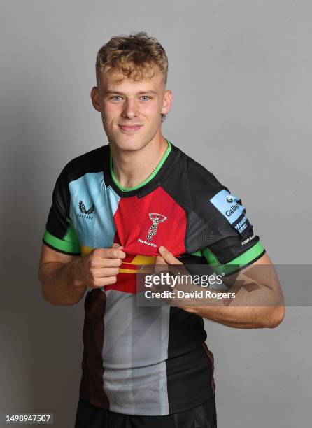 Louis Lynagh of Harlequins poses for a portrait during the squad photocall for the 2022-2023 Gallagher Premiership Rugby season at Surrey Sports Park...