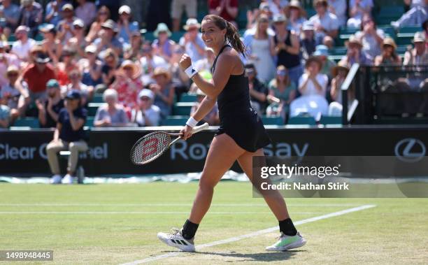 Jodie Burrage of Great Britain celebrates after she beats Magdalena Frech of Poland during the Rothesay Open at Nottingham Tennis Centre on June 16,...