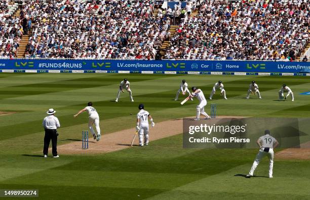 Zak Crawley of England hits Pat Cummins of Australia for four run off the first ball of the match during Day One of the LV= Insurance Ashes 1st Test...