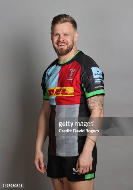 Tyrone Green of Harlequins poses for a portrait during the squad photocall for the 2023-2024 Gallagher Premiership Rugby season at Surrey Sports Park...
