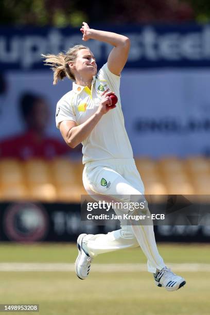 Ellyse Perry of Australia bowls during the England A Women and Australia Women match at Uptonsteel County Ground on June 16, 2023 in Leicester,...