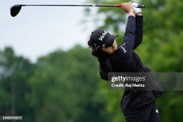 Mi Hyang Lee of South Korea hits a tee shot on the 14th hole during the second round of the Meijer LPGA Classic for Simply Give at Blythefield...