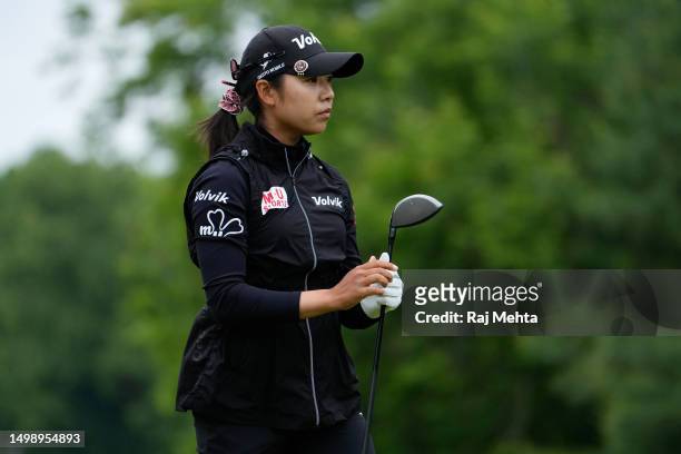 Mi Hyang Lee of South Korea watches her shot from the 14th tee during the second round of the Meijer LPGA Classic for Simply Give at Blythefield...