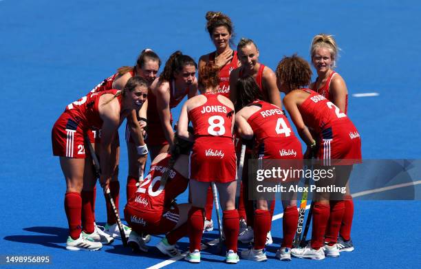 Great Britain gather during the FIH Hockey Pro League Men's match between Great Britain and Germany at Lee Valley Hockey and Tennis Centre on June...