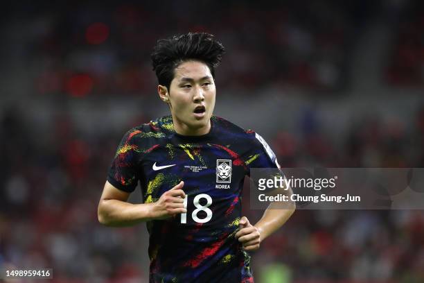 Lee Kang-In of South Korea in action during the international friendly match between South Korea and Peru at Busan Asiad Stadium on June 16, 2023 in...