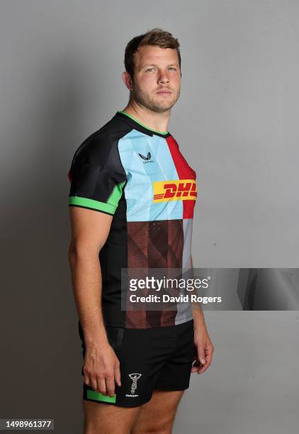 Joe Launchbury of Harlequins poses for a portrait during the squad photocall for the 2023-2024 Gallagher Premiership Rugby season at Surrey Sports...