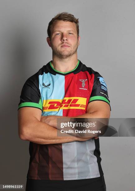 Joe Launchbury of Harlequins poses for a portrait during the squad photocall for the 2023-2024 Gallagher Premiership Rugby season at Surrey Sports...