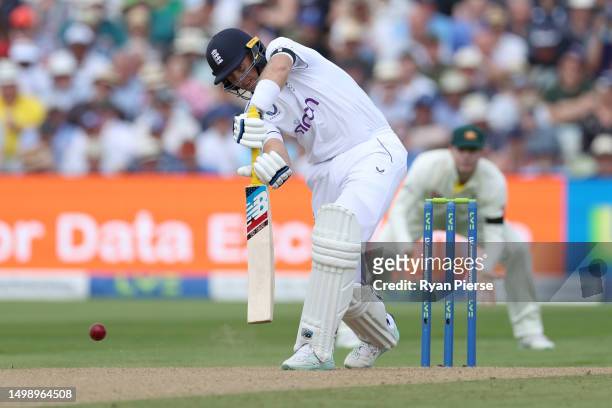 Joe Root of England hits out during Day One of the LV= Insurance Ashes 1st Test match between England and Australia at Edgbaston on June 16, 2023 in...