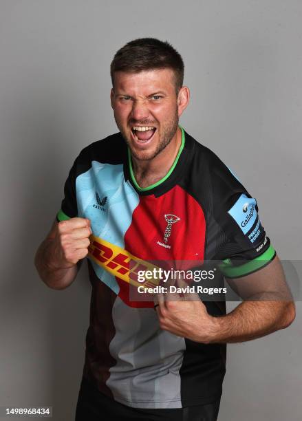 Stephan Lewies of Harlequins poses for a portrait during the squad photocall for the 2023-2024 Gallagher Premiership Rugby season at Surrey Sports...