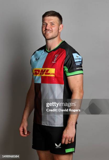 Stephan Lewies of Harlequins poses for a portrait during the squad photocall for the 2023-2024 Gallagher Premiership Rugby season at Surrey Sports...