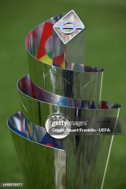 The winners trophy is pictured prior to the final between Croatia and Spain at the UEFA Nations League 2022/23 at on June 16, 2023 in Rotterdam,...