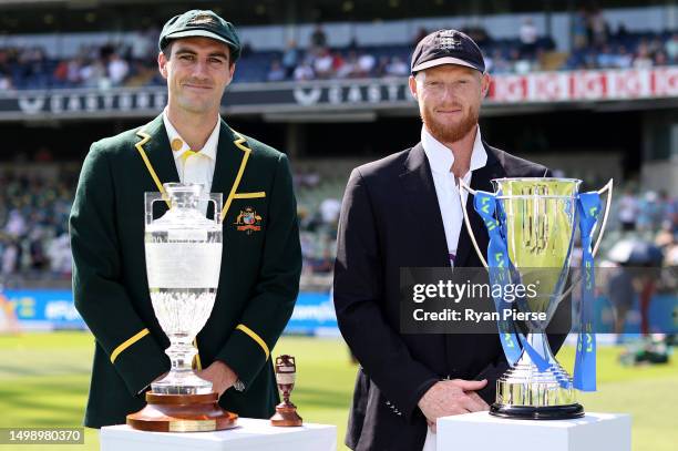 Pat Cummins of Australia and Ben Stokes of England poses for a photo with the The Ashes urn and series trophies prior toDay One of the LV= Insurance...