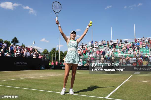 Katie Boulter of Great Britain celebrates after beating her match against Harriet Dart of Great Britain during the Rothesay Open at Nottingham Tennis...