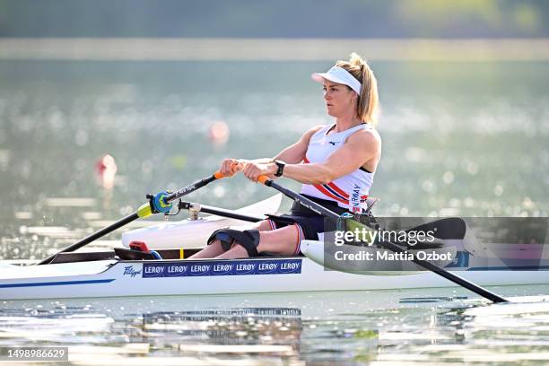 Birgit Skarstein of Norway competes in the PR1 Women's Single Sculls during the second rowing World Cup regatta on Lake Varese in the Schiranna...