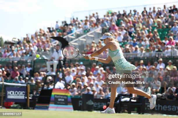 Katie Boulter of Great Britain plays against Harriet Dart of Great Britain during the Rothesay Open at Nottingham Tennis Centre on June 16, 2023 in...