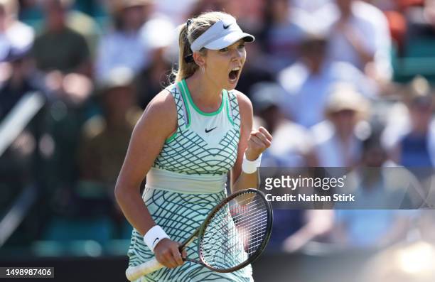 Katie Boulter of Great Britain reacts as she plays against Harriet Dart of Great Britain during the Rothesay Open at Nottingham Tennis Centre on June...