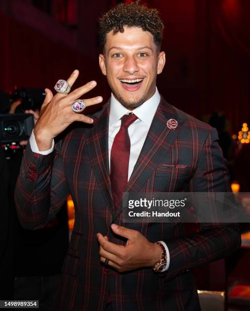 In this handout image provided by the Kansas City Chiefs, Patrick Mahomes of the Kansas City Chiefs poses during the Kansas City Chiefs Super Bowl...