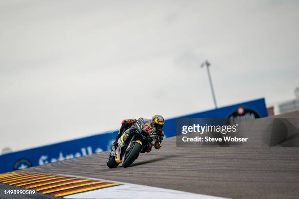 Marco Bezzecchi of Italy and Mooney VR46 Racing Team rides during the practice of the MotoGP Liqui Moly Motorrad Grand Prix Deutschland at...