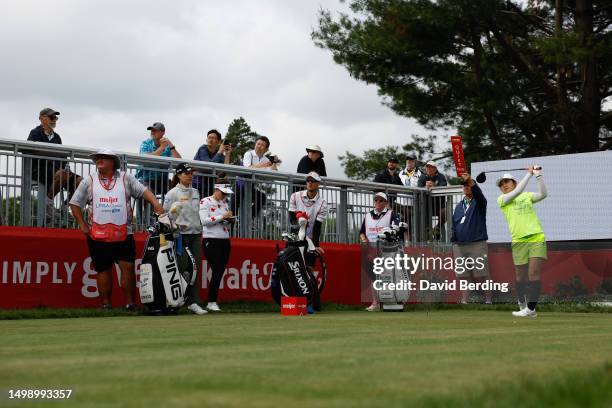 Ayaka Furue of Japan hits a tee shot on the 18th hole during the second round of the Meijer LPGA Classic for Simply Give at Blythefield Country Club...