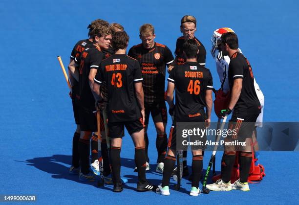 Netherlands gather during the FIH Hockey Pro League Men's match between Netherlands and Spain at Lee Valley Hockey and Tennis Centre on June 16, 2023...