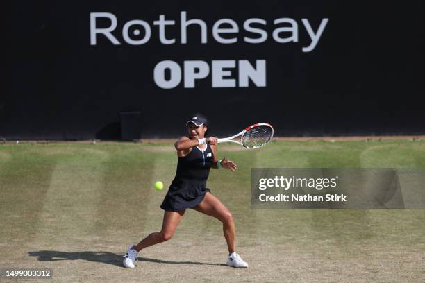 Heather Watson of Great Britain plays again Viktorija Golubic of Switzerland during the Rothesay Open at Nottingham Tennis Centre on June 16, 2023 in...