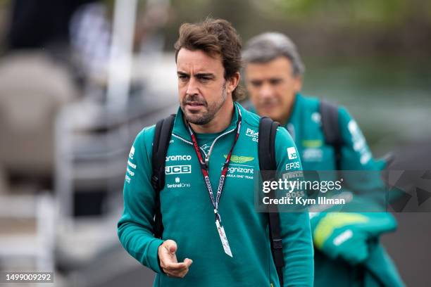 Aston Martin F1 driver Fernando Alonso enters the paddock during previews ahead of the F1 Grand Prix of Canada at Circuit Gilles Villeneuve on June...