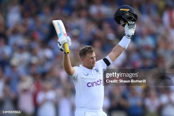 Joe Root of England celebrates scoring a century during Day One of the LV= Insurance Ashes 1st Test match between England and Australia at Edgbaston...