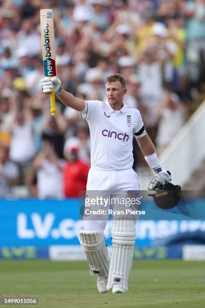 Joe Root of England celebrates scoring a century during Day One of the LV= Insurance Ashes 1st Test match between England and Australia at Edgbaston...