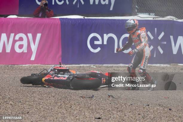 Marc Marquez of Spain and Repsol Honda Team walks out of track after crashed out during the MotoGP of Germany - Free Practice at Sachsenring Circuit...