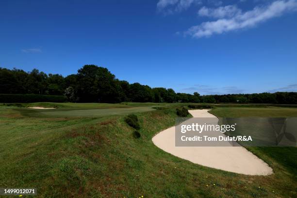 View of the par 4, 18th hole on the AIG Women's Open composite course at Walton Heath Golf Club on May 30, 2023 in Tadworth, England.