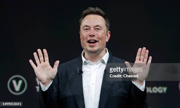 Chief Executive Officer of SpaceX and Tesla and owner of Twitter, Elon Musk gestures as he attends the Viva Technology conference dedicated to...