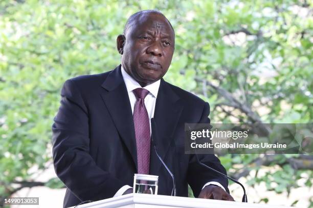 South African President Cyril Ramaphosa attends a joint press conference with Ukrainian President Volodymyr Zelensky on June 16, 2023 in Kyiv,...