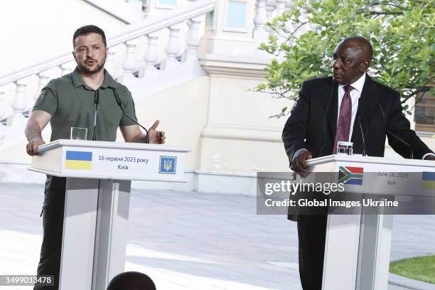 Ukrainian President Volodymyr Zelensky and South African President Cyril Ramaphosa attend a joint press conference on June 16, 2023 in Kyiv, Ukraine....