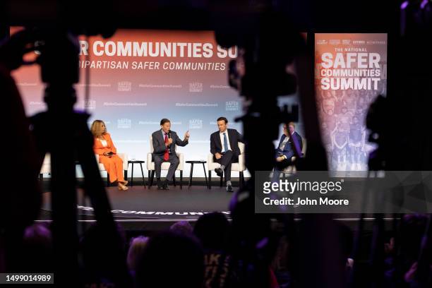 Sen. Richard Blumenthal speaks as U.S. Rep. Lucy McBath and Sen. Chris Murphy listen during the National Safer Communities Summit at the University...