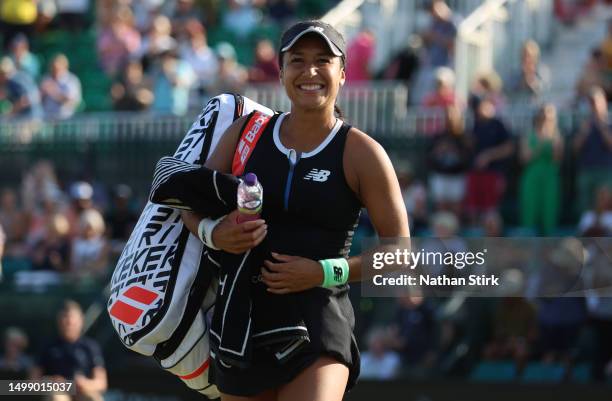 Heather Watson of Great Britain walks off the court after she plays again Viktorija Golubic of Switzerland during the Rothesay Open at Nottingham...