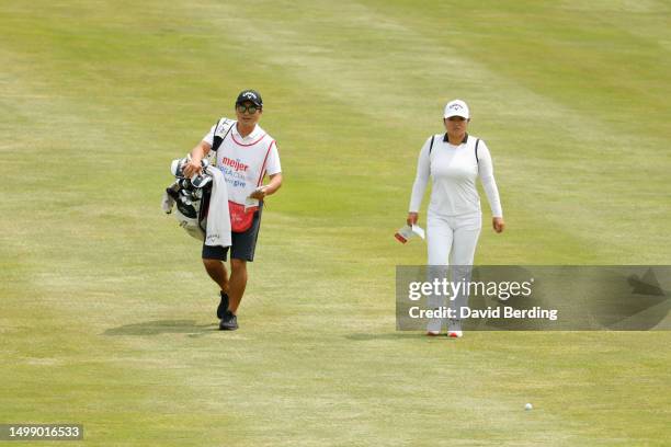 Soo Bin Joo of South Korea walks the first fairway during the second round of the Meijer LPGA Classic for Simply Give at Blythefield Country Club on...