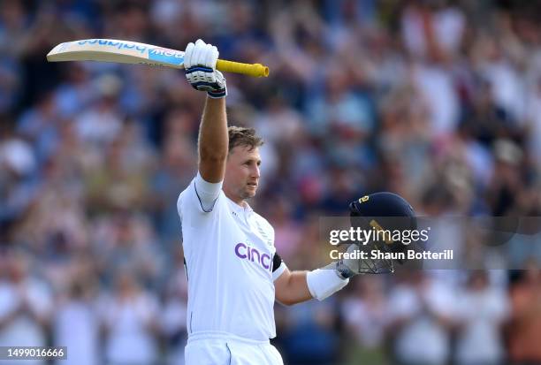 Joe Root of England celebrates scoring a century during Day One of the LV= Insurance Ashes 1st Test match between England and Australia at Edgbaston...