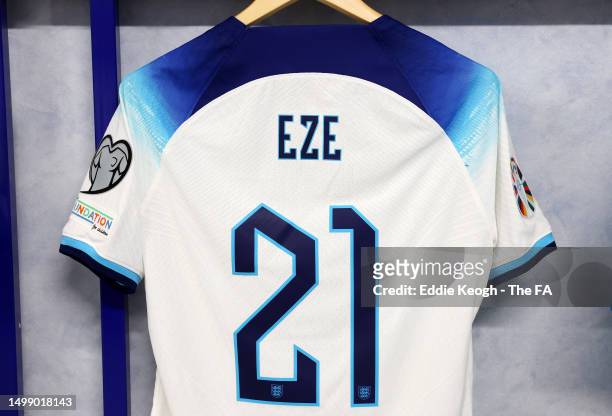 The shirt of Eberechi Eze of England is seen in the England dressing room prior to the UEFA EURO 2024 qualifying round group C match between Malta...